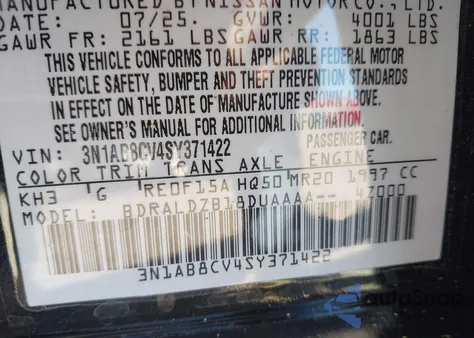 2025 Nissan Sentra Sv z USA, uszkodzony, nr VIN 3N1AB8CV4SY371422